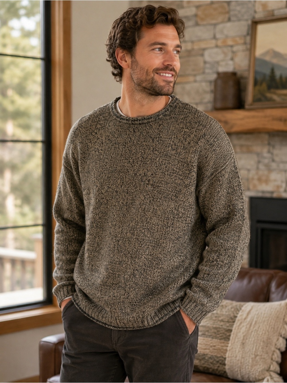 Eddie Bauer Mens XL Wool Blend Marled Crewneck Sweater Brown